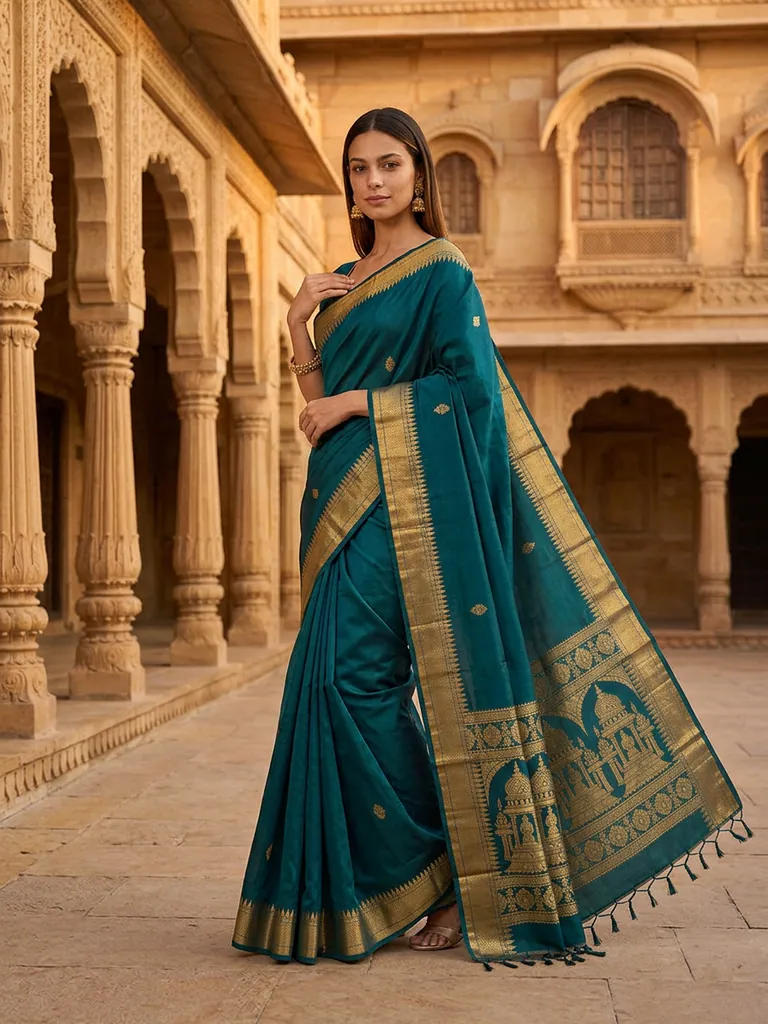 AI-generated Silk Saree on model, produced from a single product photo in under 30 seconds